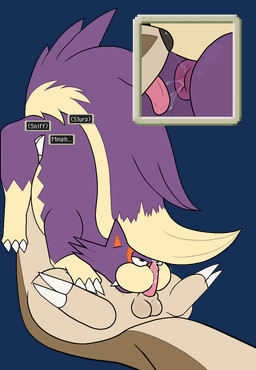 after_anal after_oral after_rimming anal balls bodily_fluids brown_body brown_fur butt butt_sniffing cheek_tuft claws cutaway duo ellipsis erection facial_tuft feral fur genital_fluids genitals leg_markings male male/male markings narrowed_eyes oral penis precum purple_body purple_fur rimming saliva saliva_string sex simple_background snaggle_tooth sniffing socks_(marking) sound_effects spread_legs spreading tail tan_body tan_fur text_box tongue tongue_out transparent_background tuft yellow_body yellow_fur pinnipip nintendo pokemon pokemon_mystery_dungeon spike_chunsoft skuntank_(eotds) team_skull_(eotds) generation_3_pokemon generation_4_pokemon linoone pokemon_(species) skuntank alpha_channel hi_res