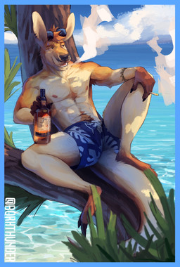 alcohol alcohol_bottle anthro athletic athletic_anthro athletic_male barefoot beverage blue_border body_hair border bottle bottomwear bracelet chest_tuft cigarette cigarette_in_hand claws clothed clothing cloud container digitigrade ear_piercing ear_ring eyewear eyewear_on_head facial_piercing feet finger_claws fur hair happy_trail holding_bottle holding_container holding_object in_tree jewelry male nature nature_background navel nipples nose_piercing nose_ring open_mouth outside pattern_bottomwear pattern_clothing pattern_shorts piercing plant pubes reclining relaxing ring_piercing sea seaside shorts shorts_only sitting_on_tree sky smoke smoke_from_mouth smoking smoking_cigarette solo sunglasses sunglasses_on_head tan_body tan_fur teeth_showing toe_claws topless tree tuft water borkthunder kangaroo macropod mammal marsupial 2025 hi_res signature