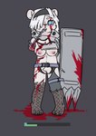 1_arm 3_toes accessory amputee anthro bandage belt big_breasts blood blood_on_clothing blood_on_face blood_on_shield blood_pool blue_eyes bodily_fluids breast_wound breasts clawed_shield clothed clothing disability exposed_breasts feet female fishnet_clothing fishnet_legwear fur gameplay_mechanics gash genitals gore gore_focus grey_background gui hair head_wound headband health_bar holding_object holding_shield legwear missing_arm mouth_hold navel nipples partially_clothed partially_clothed_female pussy ryona severe_wound severed_arm severed_body_part severed_limb shield simple_background solo spiked_shield suffering thigh_strap toes torn_clothing torso_wound tourniquet tower_shield white_body white_fur white_hair wounded crowskull aurora_(crowskull) bear mammal full-length_portrait hi_res portrait