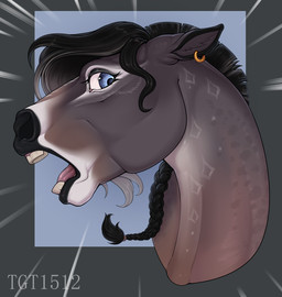 black_hair black_lips black_nose blue_eyes braided_hair brown_body brown_fur ear_piercing ear_ring eyelashes female feral fur gold_(metal) gold_jewelry gold_piercing grey_hair hair jewelry lips long_hair markings multicolored_hair open_mouth piercing pink_tongue purple_body purple_fur ring_piercing scared shocked short_hair simple_background solo spots spotted_body spotted_fur teeth tongue two_tone_hair white_body white_fur conditional_dnp tgt1512 equid equine horse mammal digital_media_(artwork) headshot_portrait hi_res portrait