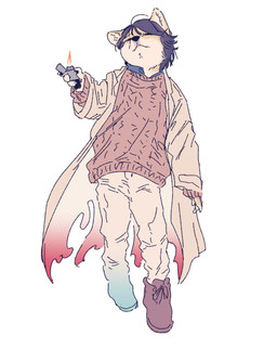 anthro black_hair bottomwear clothing coat footwear hair lighter looking_at_viewer male pants plantigrade shirt shoes simple_background solo standing sweater topwear torn_clothing sori0414 mamiya_(cure) canid canine canis domestic_dog mammal shiba_inu spitz hi_res