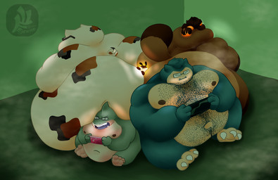 ambiguous_gender anthro belly belly_hair between_buttocks between_butts big_belly big_butt big_moobs body_hair brown_body brown_fur butt butt_smother coiled_tail dark_room dominant_nerd duo eyes_closed eyewear feet fur gaming gaming_console gaming_controller glasses glowing glowing_body glowing_hair group hair handheld_console handheld_device huddled huge_butt humanoid_feet hyper hyper_butt larger_male male micro moobs musk navel nerd nipples nude obese obese_anthro obese_male otaku overweight overweight_anthro overweight_male plantigrade playing_video_game sandwiched screen_glow screen_light simple_background size_difference smothering squish steam sumo tail text trapped trapped_in_butt weeaboo fujiyama_samoyed nintendo pokemon bumble_beans_(fujiyamasamoyed) kovacs_fujiyamasamoyed) libra_(fujiyamasamoyed) tek_(fujiyamasamoyed) wesley_(wasabi)_wells aquatic arthropod bee bobtail_cat bumble_bee_(species) calico_cat canid canine domestic_cat felid feline felis fish generation_1_pokemon hybrid hymenopteran insect japanese_bobtail mammal pokemon_(species) raccoon_dog shark snorlax tanuki digital_media_(artwork) english_text hi_res shaded watermark
