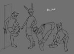 5_fingers 5_toes anthro clothing feet fingers footwear male musk shoes short sleepover slumber_party smelly socks toes bunnyfeet canid canine lagomorph leporid mammal rabbit monochrome sketch