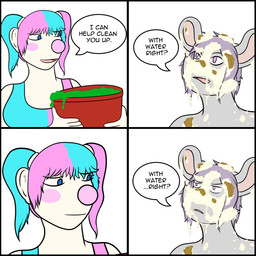 anthro clown clown_makeup clown_nose dialogue duo female food herm intersex intersex/female messy pastry pie pied slime text wam gunge-rat for_the_better_right? rose_dumont human humanoid mammal murid murine rat rodent absurd_res comic english_text hi_res