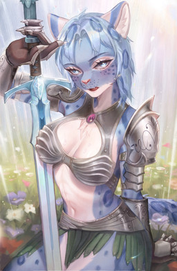 5_fingers anthro armor armored_skirt blue_body blue_eyes blue_fur blue_hair blue_spots blush breastplate breasts clothed clothing countershade_face countershade_fur countershade_torso countershading detailed_background female female_anthro fingers flower fur gauntlets gloves grass grey_body grey_fur grey_hair hair handwear holding_melee_weapon holding_object holding_sword holding_weapon kneeling leaning_on_sword leopard_spots looking_at_viewer markings melee_weapon on_ground one_fang open_mouth pauldron plant raining small_waist solo spots spotted_body sword tail teeth unconvincing_armor water_drop weapon white_body white_fur marshmallowgirl microsoft the_elder_scrolls m'ria_(maks_hunt) felid khajiit mammal pantherine snow_leopard 2026 digital_media_(artwork) hi_res story_at_source