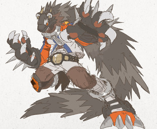 anthro anthrofied belt boots bottomwear brown_body brown_fur claws clothing female footwear fur hair jacket long_hair paws raccoon_tail raccoon_tail_hair red_eyes sharp_teeth shoes shorts solo teeth topwear guil87645127 bandai_namco digimon digimon_beatbreak bearcatmon digimon_(species) hi_res