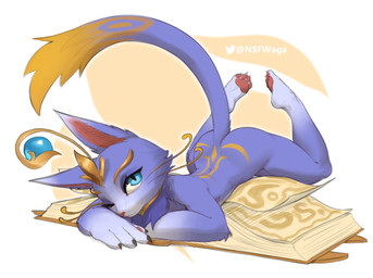 4_fingers 4_toes anthro anthrofied blue_body blue_eyes book butt butt_from_the_front feet female fingers fur markings nude one_eye_closed pawpads simple_background solo tail toes w4g4 league_of_legends riot_games tencent yuumi_(lol) felid feline mammal 2022 hi_res signature