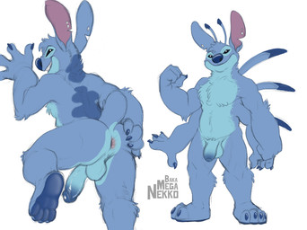 4_arms 4_fingers 4_toes antennae_(anatomy) anthro anthrofied anus balls biceps blue_body blue_fur blue_penis claws erection feet fingers fur genitals male multi_arm multi_limb muscular muscular_anthro muscular_male nude penis piercing smile smiling_at_viewer solo standing tail teeth toes bakameganekko disney lilo_and_stitch himbo_stitch stitch_(lilo_and_stitch) alien experiment_(lilo_and_stitch) hi_res