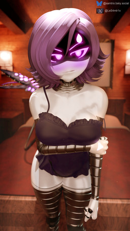 4_fingers big_breasts blush breasts clothed clothing embarrassed female fingers glowing glowing_body glowing_eyes glowing_markings hair inside machine markings partially_clothed purple_eyes purple_hair short_hair solo standing swimwear tail thick_thighs white_body samtrix samzan_(modeler) glitch_productions murder_drones uzi_(murder_drones) humanoid robot robot_humanoid worker_drone 3d_(artwork) 4k 9:16 absurd_res digital_media_(artwork) hi_res
