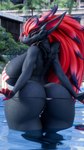 anthro big_breasts big_butt bikini bikini_thong black_body black_fur breasts butt clothing female fur green_eyes hair huge_breasts partially_submerged rear_view red_hair solo swimwear two-piece_swimsuit dividebyezer0 nintendo pokemon zoroark_(bom39) canid canine generation_5_pokemon mammal pokemon_(species) zoroark 3d_(artwork) 9:16 digital_media_(artwork) hi_res