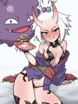 2024 3:4 ambiguous_gender assassin_shuten-douji blush breasts centinel303 clothed clothing cosplay digital_media_(artwork) duo eyebrows fate_(series) female generation_1_pokemon gym_leader hi_res horn horned_humanoid humanoid humanoidized koffing looking_at_viewer nintendo partially_clothed pokemon pokemon_(species) purple_body purple_clothing roxie_(pokemon) tongue tongue_out type-moon