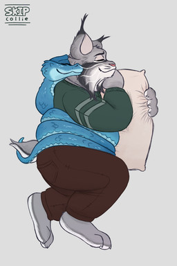 anthro blue_body blue_scales bottomwear clothing coiled_up coiling_another coiling_around_body duo fangs feral fur grey_body grey_fur hug hugging_object hugging_pillow male pants paws pillow pointy_ears scales sleeping sleeping_together sweater teeth topwear skipcollie disney zootopia gary_de'snake pawbert_lynxley canada_lynx felid feline lynx mammal pit_viper reptile scalie snake viper 2:3 hi_res