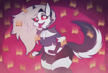 anthro black_body black_fur clothed clothed_anthro clothed_female clothing dog_food dog_treat eyelashes fangs female female_anthro flat_chested fur grey_body grey_fur grey_hair hair legwear long_hair open_mouth pet_food red_sclera solo tail tail_motion tailwag teeth thigh_highs tongue tongue_out white_body white_fur tonyneely hellaverse helluva_boss mythology loona_(helluva_boss) canid canid_demon canine demon hellhound mammal mythological_canine mythological_creature 2025 digital_media_(artwork) hi_res