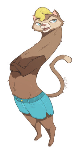 annoyed anthro barefoot blonde_hair blue_eyes bottomwear brown_body brown_fur clothed clothing crossed_arms denim denim_bottomwear denim_clothing denim_shorts feet fur hair male open_mouth shorts shorts_only simple_background solo topless topless_anthro topless_male white_background shivermonkey mating_season_(series) cody_(mating_season) domestic_ferret mammal mustelid musteline true_musteline weasel 2026 colored dated digital_drawing_(artwork) digital_media_(artwork) hi_res