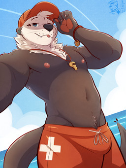 5_fingers anthro armpit_tuft beach black_nose blue_eyes brown_body brown_fur clothed clothed_anthro clothed_male clothing cute_fangs fangs fingers fur hat headgear headwear humanoid_hands lifeguard logo male navel nipples otter_tail solo swimming_trunks swimwear tail teeth tongue tongue_out topless topless_anthro topless_male wearing_hat whisker_spots whiskers whistle_(object) ventkazemaru mammal mustelid otter sea_otter 2026 artist_logo dated hi_res watermark