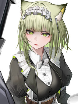 belt bow_tie breasts clothed clothing duo female female_focus green_eyes green_hair hair human_and_animal_ears inner_ear_fluff maid_headdress maid_uniform multi_ear simple_background solo_focus tuft uniform white_background tabhead arknights hypergryph studio_montagne doctor_(arknights) kal'tsit_(arknights) animal_humanoid cat_humanoid felid felid_humanoid feline feline_humanoid humanoid mammal mammal_humanoid 2025 3:4 absurd_res hi_res