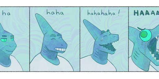 4_panel_comic blue_body blue_skin bodily_fluids border clothing crying crying_laughing eyebrows gills green_eyes laugh male open_mouth sharp_teeth shirt smile tears teeth text topwear white_border white_clothing white_shirt white_topwear sharkinthepark aquatic fish shark 2026 comic hi_res