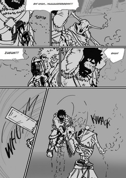 anthro armor battle blood bodily_fluids dialogue fight forest group hairy male melee_weapon muscular muscular_male plant snow sword text tree weapon wounded husky92 european_mythology greek_mythology mythology bovid bovine humanoid leshy mammal minotaur monster orc comic english_text hi_res monochrome multiple_scenes