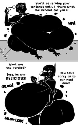 abdominal_bulge after_vore anthro anthro_pred beak before_and_after belly big_belly big_butt biped butt clothing digestion eyewear fatal_vore feathers front_view glasses hand_on_belly huge_belly huge_butt male male_anthro male_pred male_prey mph! navel obese open_mouth overweight robe rumbling_stomach side_view sitting smile soft_vore solo standing text thick_thighs tongue vore weight_gain afraart jericho_(afraart) avian bird corvid corvus_(genus) crow oscine passerine 2026 5:8 absurd_res black_and_white comic english_text hi_res monochrome signature
