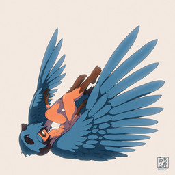 5_toes alternate_species anthro areola biped blue_body blue_feathers blue_hair blue_wings breasts brown_body brown_fur falling feathered_wings feathers feet female fur hair heterochromia light nipples nude simple_background solo toes white_background wings enigma_(artist) brand_new_animal studio_trigger michiru_kagemori avian bird canid canine hybrid mammal raccoon_dog tanuki 1:1 2021 absurd_res hi_res lighting