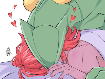 anthro bed cuddling duo furniture hair heart_symbol human_on_anthro interspecies intimate laying_on_top long_hair love lying male male/male obscured_kiss on_front on_top pokephilia romantic romantic_couple simple_background under_covers white_background laiweitui nintendo pokemon a_mu_(laiweitui) fang_yuan_(laiweitui) pokemon_trainer generation_3_pokemon human mammal pokemon_(species) reptile scalie sceptile hi_res