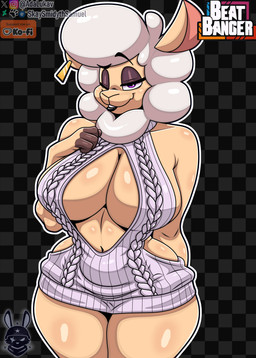 anthro big_breasts breasts clothed clothing curvy_figure elderly eyebrows eyeshadow female fur looking_at_viewer makeup partially_clothed purple_eyes purple_eyeshadow solo sweater thick_thighs topwear virgin_killer_sweater white_body white_fur white_wool wide_hips wool_(fur) wool_hair skay_smidyth_samuel beat_banger bunfan_games meme_clothing dawna_mabel bovid caprine mammal sheep absurd_res hi_res meme