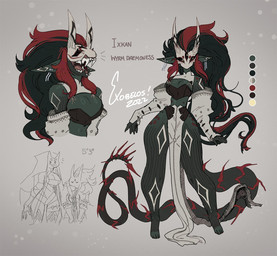 3_eyes accessory anthro black_sclera clothing curvy_figure facial_markings feathers female green_body green_skin hair hair_accessory head_markings horn horn_markings humanoid_pointy_ears jewelry markings mask multi_eye pointy_ears red_hair solo spikes spikes_(anatomy) tail tail_feathers voluptuous exobelos ixkan_(exobelos) demon scalie hi_res model_sheet