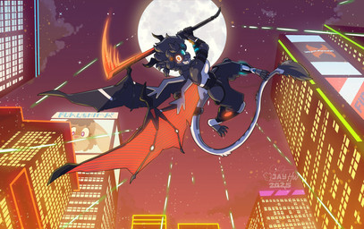 4_toes 5_fingers action_pose anthro billboard black_body black_bottomwear black_clothing black_fur black_hair black_horn black_pants bottomwear building claws clenched_teeth clothing cybernetic_limb cyberpunk digitigrade energy_weapon feet female fingers full_moon fur glowing glowing_eyes grey_cloud hair heterochromia holding_object holding_weapon horn laser looking_at_viewer low-angle_view melee_weapon midair moon neon_lights pants polearm pose prosthetic_wings purple_sky scythe sky solo star starry_sky tail tail_tuft teeth text toe_claws toes topwear tuft weapon white_clothing white_topwear jayheartwing ria_(sammfeatblueheart) twix_(sammfeatblueheart) unknown_species 2025 english_text hi_res