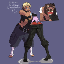 asphyxiation black_clothing blonde_hair bodily_fluids butt butt_slap choking clothing dark_body dark_skin dominant dominant_female duo female female/female fight freckled_butt freckled_face freckles genital_fluids hair humiliation muscular muscular_female omorashi panties peeing piercing slap spank_marks spanking tanned_skin text unconscious underwear urine wedgie wetting sikathegoodboy shiba_(sikathegoodboy) felid human humanoid lion mammal pantherine 1:1 english_text hi_res