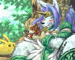 anthro blue_hair blush detailed_background eyes_closed female feral group hair humanoid_hands kemono plant sitting tree weapon yellow_body utsuki_maito mana_(series) square_enix sierra_(mana) canid canine felid feline lagomorph leporid mammal rabbit 5:4 low_res thumbnail