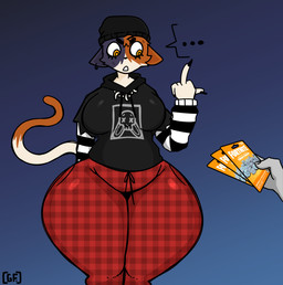 anthro beanie big_breasts black_body black_ears black_eyebrows black_eyes black_fingernails black_fur black_nails bodily_fluids bottomwear breasts clothing colored_nails dipstick_tail ear_piercing ellipsis eyebrows eyelashes female fingernails fur gesture hand_gesture hat headgear headwear hoodie huge_hips long_tail markings middle_finger multicolored_body multicolored_fur nails offscreen_character orange_body orange_ears orange_eyes orange_fur orange_tail pants piercing solo speech_bubble sweat sweatdrop tail tail_markings thick_thighs topwear two_tone_tail white_body white_fur white_tail wide_eyed wide_hips ghostfuckrr epic_games fortnite meow_skulls domestic_cat felid feline felis mammal absurd_res hi_res