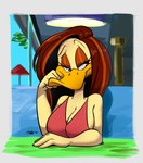 anthro beak breasts brown_hair clothed clothing eyebrows eyelashes female fingers hair inside long_hair non-mammal_breasts sitting smile solo joaoppereiraus the_looney_tunes_show warner_brothers tina_russo anatid anseriform avian bird duck 2024 digital_media_(artwork) hi_res