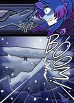 ambiguous_gender bared_fangs blue_hair clothed clothing comic duo english_text fangs hair hi_res horn horned_humanoid humanoid impact_lines monster_girl_(genre) monster_train outside purple_eyes purple_horn shriekingmagpie simple_background snow snowing snowing_outside teeth text violence winged_humanoid wings