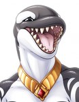 anthro female gem glistening glistening_body gold_(metal) gold_jewelry jewelry mouth_shot open_mouth sharp_teeth simple_background solo teeth tongue white_background zegzagun cetacean dolphin mammal marine oceanic_dolphin orca toothed_whale bust_portrait hi_res portrait