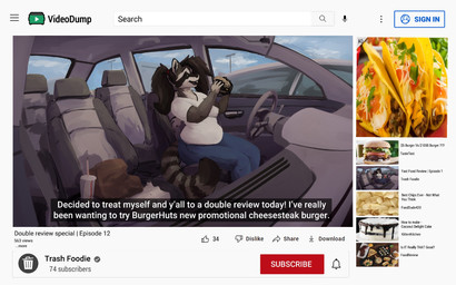 advertisement anthro back_rolls belly black_hair bottomwear breasts burger car clothed clothing container countershading cup denim denim_bottomwear denim_clothing disposable_cup facial_markings fake_screencap fast_food female food fur grey_body grey_fur hair head_markings holding_burger holding_food holding_object humanoid_hands inside inside_car inside_vehicle jeans looking_at_viewer markings mask_(marking) pants paper_bag parking_lot parody ponytail review ring_(marking) ringed_tail seat shirt sitting sitting_in_car slightly_chubby solo steering_wheel striped_body striped_fur striped_markings striped_tail stripes t-shirt taco tail tail_markings text topwear vehicle weight_gain white_body white_clothing white_countershading white_shirt white_t-shirt white_topwear silverfang725 youtube mammal procyonid raccoon 2022 clip_studio_paint_(artwork) digital_media_(artwork) english_text hi_res shaded subtitled