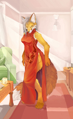 anthro asian_clothing biped carpet chinese_clothing chinese_dress clothing container cup detailed_background dipstick_tail dress east_asian_clothing female fur furniture glass glass_container glass_cup green_chair hair key lamp markings newspaper note orange_body orange_fur pillow red_clothing red_dress solo standing table tail tail_markings white_hair yellow_eyes pira canid canine fox mammal detailed
