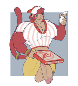anthro backwards_hat balls big_penis box clothed clothing container delivery_(commerce) ear_piercing food_delivery genitals hat headgear headwear male muscular muscular_male partially_clothed penis piercing pizza_box pizza_delivery simple_background solo solten_(salted_beef) vein veiny_penis palchamon haplorhine mammal monkey primate