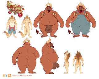 anthro arm_hair balls beard belly big_balls big_belly body_hair brown_balls brown_body brown_fur brown_penis butt clothed clothing duo facial_hair foreskin front_view fur genitals hat headgear headwear humanoid_genitalia humanoid_penis male male_anthro moobs mouth_closed narrowed_eyes nipple_piercing nipple_ring nipples nude obese obese_anthro obese_male overweight overweight_anthro overweight_male penis piercing rear_view ring_piercing side_view simple_background slim_anthro slim_male standing tan_body tan_fur tan_penis text white_background chocolateandmilk bovid bovine canid canine canis cattle domestic_dog mammal hi_res model_sheet url