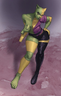 anthro belt black_nails bottomwear breast_squeeze breasts cheek_markings clothed clothing colored_nails convenient_censorship creative_censorship detachable detached_hand facial_markings feet female fur green_body green_fur hand_on_breast hand_on_hip head_markings legwear lips makeup markings mascara modular multicolored_body multicolored_fur nails running_makeup running_mascara shirt shorts solo squeezing stitch_(sewing) tattoo tights topwear yellow_body yellow_fur redustheriotact pink_among_blood_red_roses nephele_vetti domestic_cat felid feline felis mammal censored hi_res
