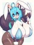 anthro big_breasts blue_eyes blue_hair blush breasts bunny_costume clothed clothing costume cute_fangs fangs female fur hair huge_breasts multicolored_body multicolored_fur open_mouth solo teeth two_tone_body two_tone_fur tailzkim hanul canid canine canis domestic_dog husky mammal nordic_sled_dog spitz 2023 hi_res