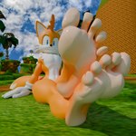 5_toes anthro crossed_feet feet foot_fetish foot_focus glistening glistening_feet green_hill_zone humanoid_feet looking_at_viewer male male_feet outside plantigrade soles solo spread_toes toes white_soles yellow_body anonymous_artist sega sonic_the_hedgehog_(series) miles_prower canid canine fox mammal 1:1 3d_(artwork) digital_media_(artwork) hi_res