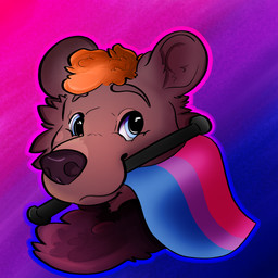 ambiguous_gender anthro bisexual_pride_colors blue_eyes brown_body brown_fur brown_nose flag flag_(object) fur gradient_background hair holding_flag holding_object lgbt_pride male mouth_hold object_in_mouth orange_hair pride_color_background pride_color_flag pride_colors simple_background solo tuft zaverose bear brown_bear mammal ursine 1:1 digital_media_(artwork) headshot_portrait hi_res icon portrait