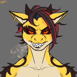 amber_eyes anthro black_sclera ear_piercing eyebrow_piercing facial_piercing female female_anthro hair horn looking_at_viewer military muscular muscular_anthro muscular_female piercing scales simple_background smoke smoke_from_nose soldier solo warrior terminal_nitrogen a_man_in_a_beasts_world mythology amber_hellfire_(ghilliecamo) dragon mythological_creature mythological_scalie scalie 1:1 digital_media_(artwork) headshot_portrait portrait