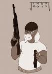 ak-103 anthro beanie clothing frown gun hat headgear headwear holding_gun holding_object holding_ranged_weapon holding_weapon long_ears male ranged_weapon rifle slightly_chubby solo weapon jingx1 asinus donkey equid equine mammal 2017 half-length_portrait hi_res portrait