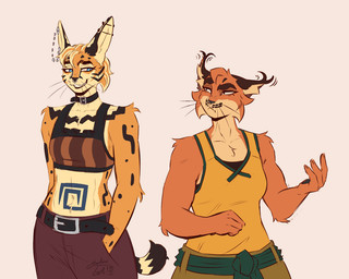 anthro belt bottomwear clothing duo ear_piercing ear_ring female hand_in_pocket navel_marking pants piercing pockets ring_piercing shirt smile tail tank_top topwear galinn-arts caracal caracal_(genus) felid feline mammal serval 5:4