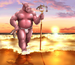 anthro asian_clothing beach bulge clothing detailed_bulge east_asian_clothing fishing fundoshi genital_outline genitals japanese_clothing looking_at_viewer male musclegut muscular navel nipples penis_outline plantigrade seaside slightly_chubby solo sun translucent underwear wet wet_clothing unknown_artist aquatic common_hippopotamus fish hippopotamid mammal 2004