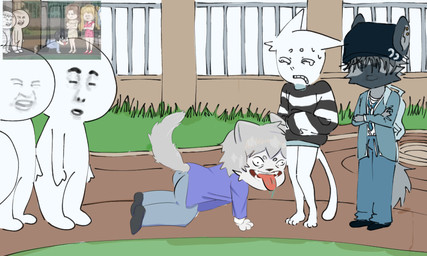 annoyed anthro bodily_fluids butt clenched_teeth clothing creepy creepy_face creepy_smile crying feet footwear footwear_only frown grin group headgear headwear humor insane kneeling kneeling_oral_position laugh licking licking_thigh looking_pleasured male male/male mostly_nude saliva scared school shitpost shoes shoes_only smile sweat tail tears teeth tongue uncomfortable blehgoobbyhere toastedeh toast_(toastedeh) wechat_panda wen_(blehgoobbyhere) canid canine canis domestic_cat felid feline felis hyena mammal wolf artist_collaboration meme reference_image