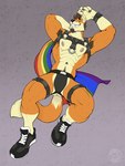 abs anthro armpit_hair biceps body_hair brown_hair butt clothed clothing flag flag_(object) flag_cape footwear fur hair harness jockstrap leather leather_harness lgbt_pride logo male muscular muscular_male on_ground orange_body orange_fur pecs pride_colors pubes rainbow_flag rainbow_pride_flag rainbow_symbol shoes skimpy sneakers solo tail underwear wadaji lgbt_pride_month jake_northcote canid canine fox mammal artist_logo hi_res