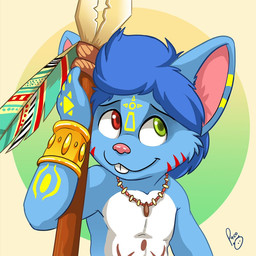 anthro blue_body blue_fur blue_hair closed_smile fur glistening glistening_eyes green_eyes hair jewelry logo male markings mouth_closed necklace pink_inner_ear pink_nose red_eyes red_markings simple_background smile solo teeth white_body white_fur yellow_markings young young_anthro young_male pandapaco chopper_atbong mammal mouse murid murine rodent artist_logo bust_portrait portrait signature