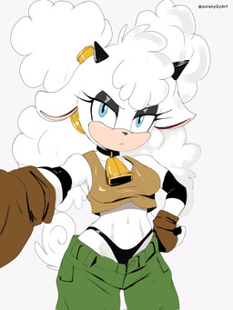 anthro blue_eyes bottomwear bottomwear_down breasts clothed clothing collar cowbell cowbell_collar eyelashes female fur gloves hair handwear horn looking_at_viewer navel panties pants pants_down partially_clothed selfie simple_background solo standing topwear underwear white_body soranygyart idw_publishing sega sonic_the_hedgehog_(comics) sonic_the_hedgehog_(idw) sonic_the_hedgehog_(series) lanolin_the_sheep_(sonic) bovid bovine caprine cattle mammal sheep 3:4 digital_media_(artwork) hi_res